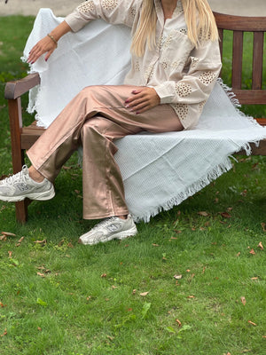 Metallic Rose Straight-Leg Pants